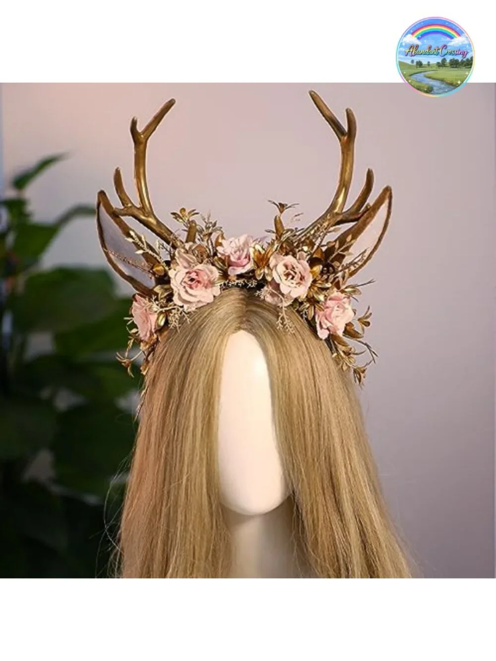 Handmade Gold Flower Antler Headband - Woodland Floral Reindeer Headpiece with